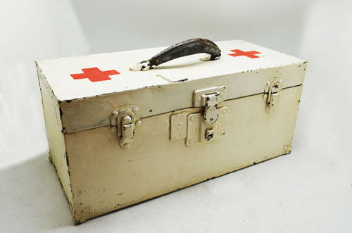 Vintage First Aid Box with contents.........including 2 glass eyes !!