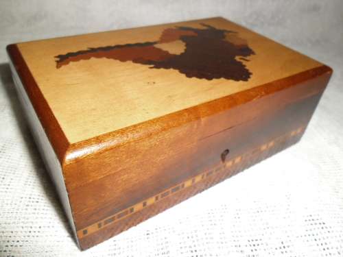 Vintage treen box with inlay of South America