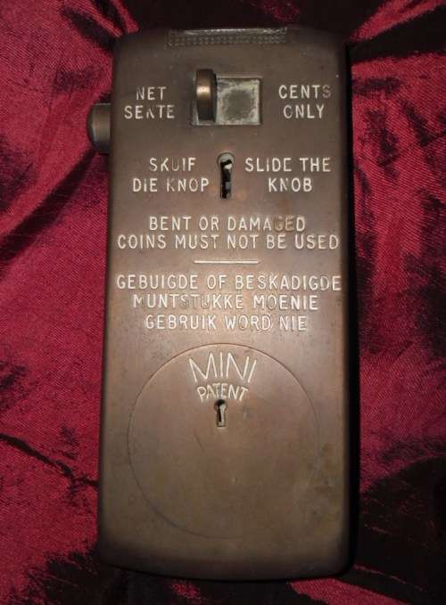 Vintage South African (Bilingual) Brass Coin Operated Public Toilet Door Lock.