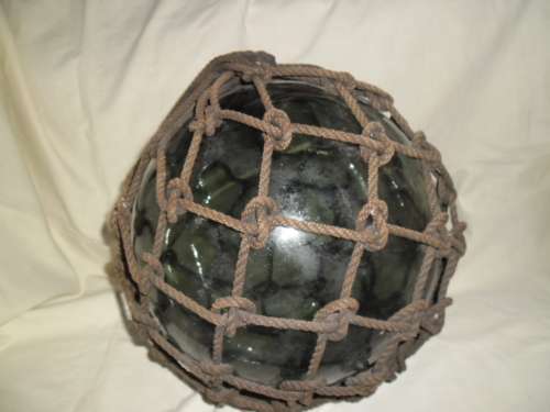 Large  1930's  Japanese Glass Fishing Float with original rope and makers mark.