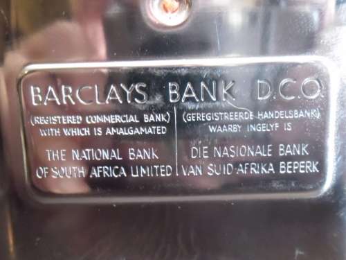 Bilingual Barclays DCO Table Mountain money box. Made in South Africa by Fuchsware