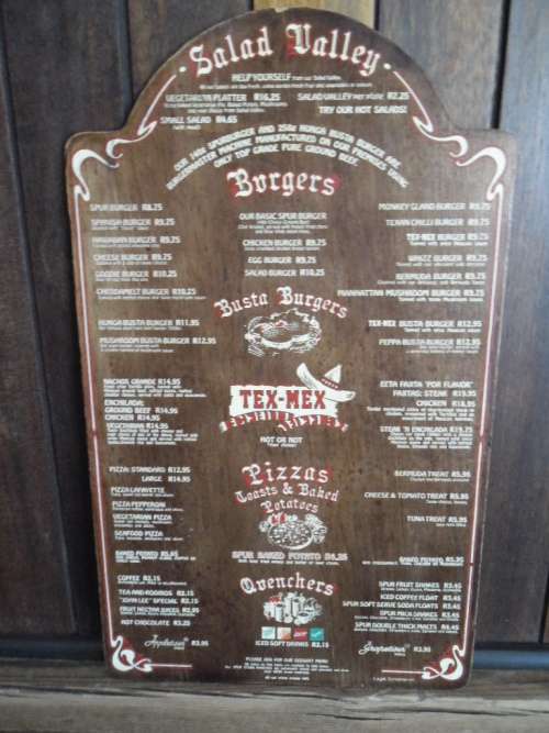 Vintage wooden Navaho Spur (Brackenfell) Menu. Remember when burgers were less than R 10?
