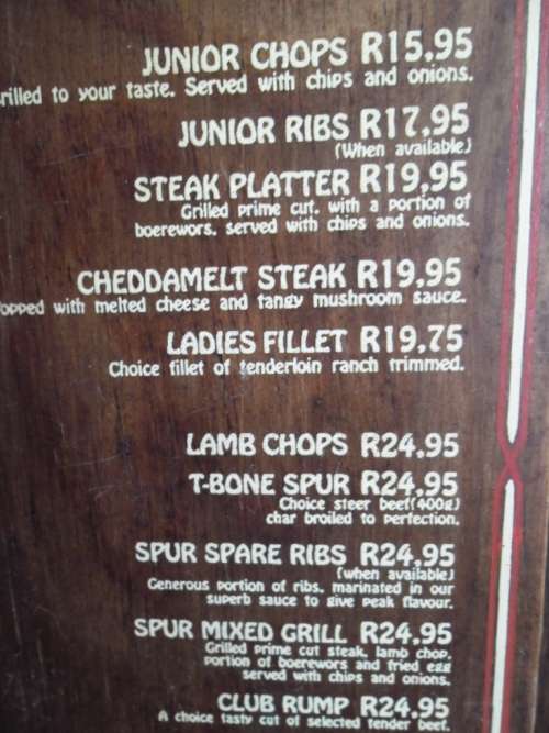 Vintage wooden Navaho Spur (Brackenfell) Menu. Remember when burgers were less than R 10?