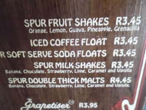 Vintage wooden Navaho Spur (Brackenfell) Menu. Remember when burgers were less than R 10?