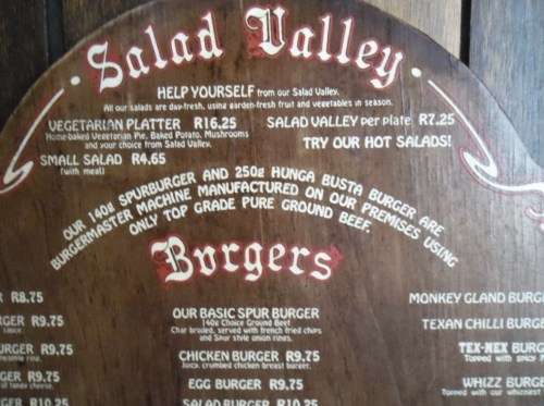 Vintage wooden Navaho Spur (Brackenfell) Menu. Remember when burgers were less than R 10?