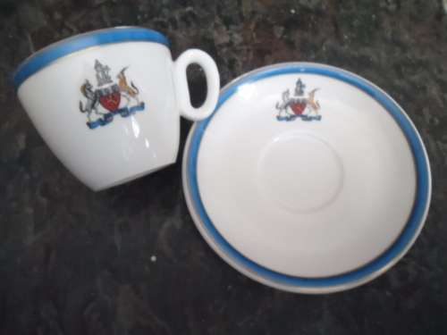 Two Cups and Saucers plus Display Plate with Spes Bona Crest (Cape Town Coat of Arms)