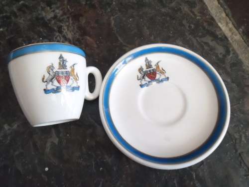 Two Cups and Saucers plus Display Plate with Spes Bona Crest (Cape Town Coat of Arms)