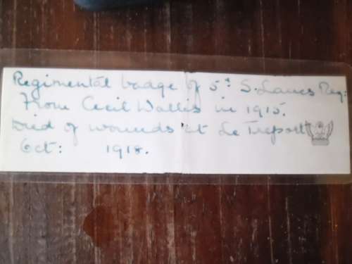 SLR Officers Badge-Cecil Wallis - Died of wounds at Le Treport Oct 1918 .Prince of Wales Volunteers