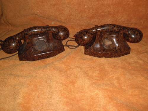 Mid-century toy intercoms - Pair of Chad Valley 'improved' telephones. Brown walnut Bakelite.British