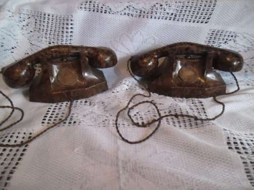 Mid-century toy intercoms - Pair of Chad Valley 'improved' telephones. Brown walnut Bakelite.British