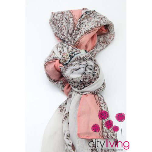 Free Shipping - Cotton Print - Coral-Grey Scarf