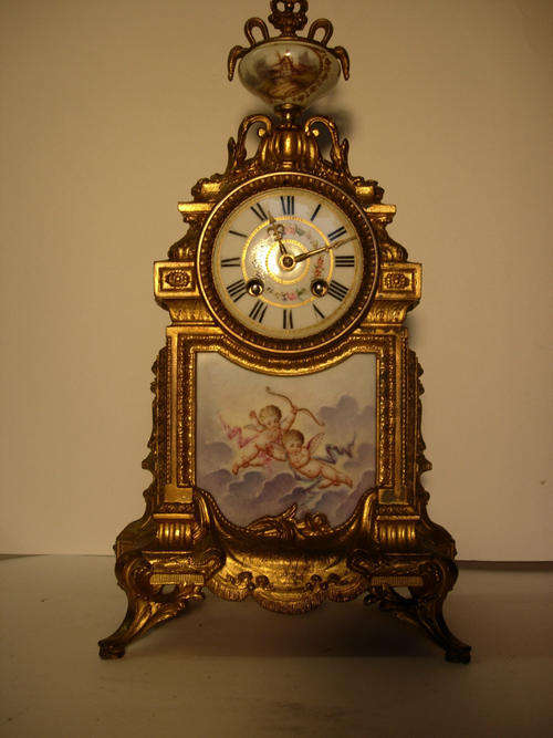 19TH CENTURY FRENCH GILT SEVRES PAINTED MANTLE CLOCK