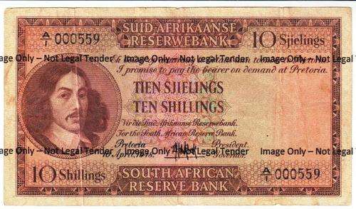 MH DE KOCK 10 SHILLING - FIRST PREFIX - LOW NR.000559