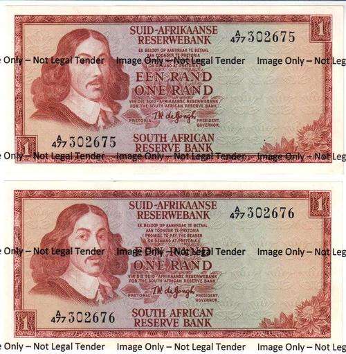 "SPRINGBOK WATERMARK" R1 UNC TW DE JONGH - 2 IN SERIES