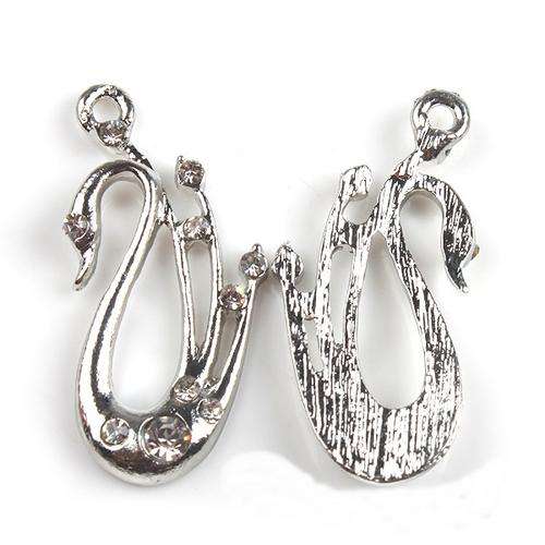 Silver Plated & Rhinestone Swan Charm - 28 x 14mm