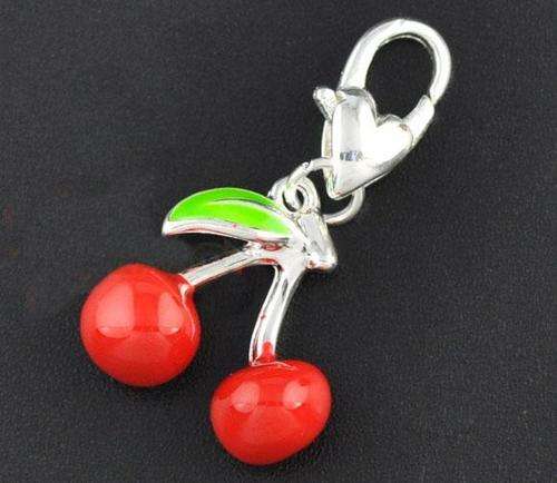 Silver Plated, Enamel Cherries Clip-on Charm - EXQUISITE!! - 30 x 16mm