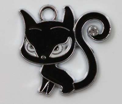 Silver plated, Enamel with Rhinestone Kitten Charms - Black  - 26 x 26mm