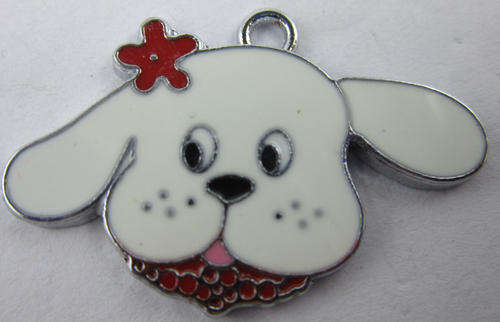 Silver plated, Enamel Puppy Charms  - White with Pink flower -  38 x 25mm