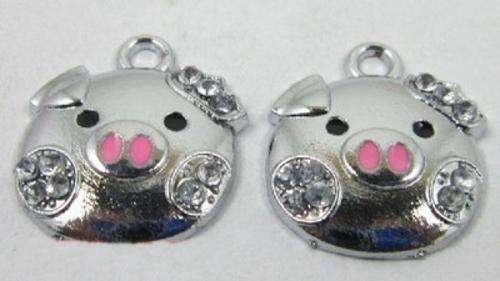 Silver plated, Enamel & Crystal Pig Charms  - 22 x 19mm