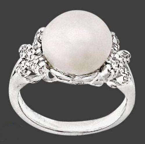 Elegant Fresh water Pearl, White Topaz and 925 Solid Sterling Silver Ring Sz 6.5