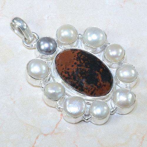 Handcrafted Natural Mahogany Obsidian & River Pearl Pendant - Stamped 925