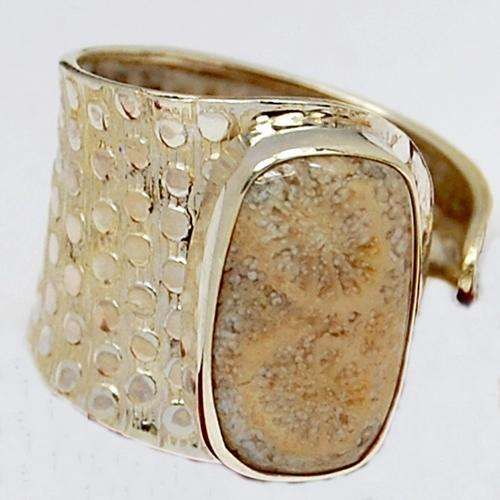 Unique Fossil Coral and 925 Solid Sterling Silver Ring - Adjustable Size