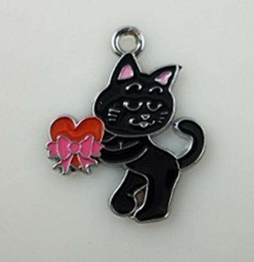 Silver plated Enamel Black Cat Charms  - 31 x 25mm
