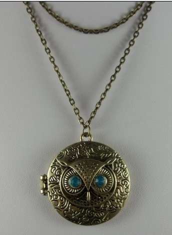 Bronze Owl with crystal Locket Pendant with chain