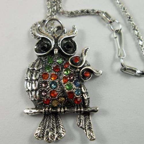 Alloy Owls with crystal Pendant with chain