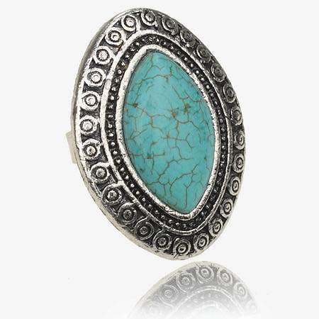 Handcrafted Natural Turqoise & Tibetan Silver Ring - Adjustable Size