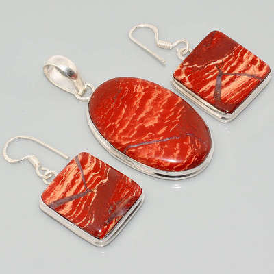 Large Snakeskin Jasper & 925 SS Earrings & Pendant Set