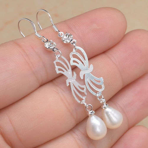 Real Pearl & Cubic Zirconia & Solid Sterling Silver Earring Hooks