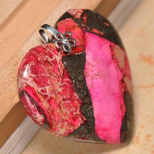 Natural Pink Copper Turqoise & Solid Sterling Silver Love Heart Pendant