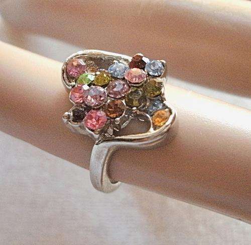 Multi Coloured Rhinestone Silver Tone Ladies Fashion Ring - Size 16
