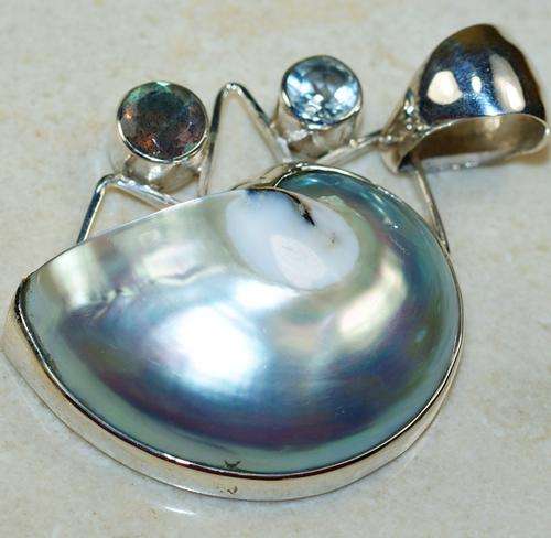 Shell, Blue Topaz, Labradorite & Solid 925 Sterling Silver Pendant