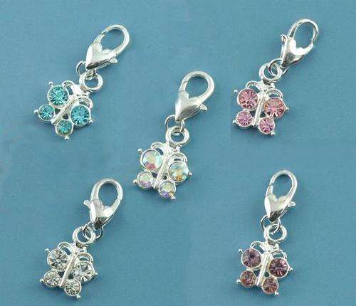 Silver Plated & Rhinestone Butterfly Clip-on Charms - Lilac