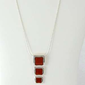 Beautiful Red-Orange Agate & Solid 925 Sterling Silver Squares Pendant