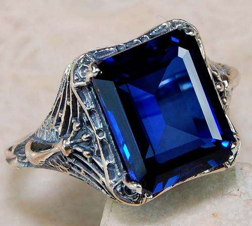 Awesome 4ct Sapphire & Solid 925 Sterling Silver Filigree Peacock Ring - Size (5.75) (L)