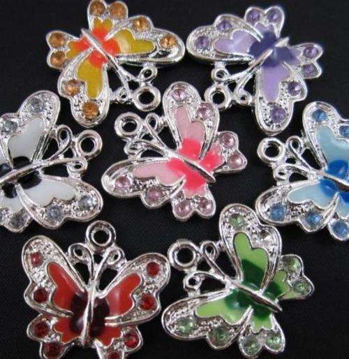Silver plated Enamel & Rhinestone Butterfly Charms - Red - 35mm