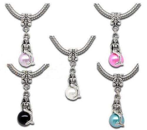 Tibet Silver Turqoise Faux Pearl Mermaid  "Dangle" charm - Fits Pan & Euro Bracelet - 35 x 11mm