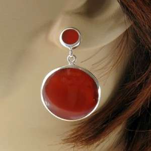 Exquisite Red-Orange Agate, Solid .925 sterling Silver Round Earrings