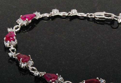 Ruby and White Sapphire Solid 925 Sterling Silver Bracelet - 18cm