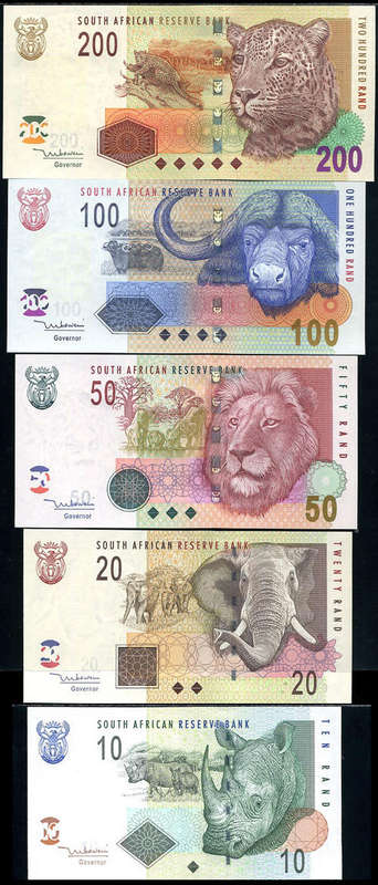 Set 5 Crisp Uncirculated South African Notes R10 R20 R50 R100 R200