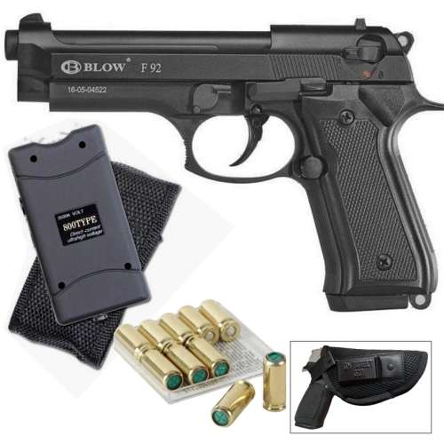 BLANK GUN SECURITY COMBO: Blow F92 Beretta Blank Gun with Blanks, Holster and 3,8 Mil Volts Stun Gun