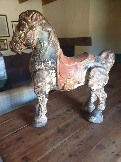 VINTAGE CHILDS RIDE ON HORSE - metal with great original paint patina