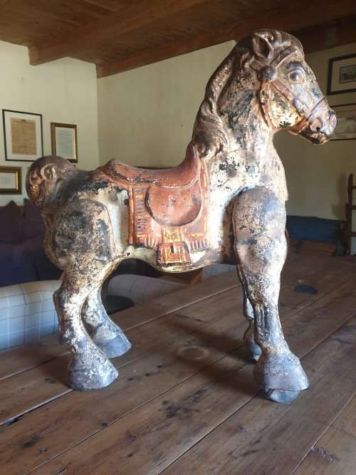 VINTAGE CHILDS RIDE ON HORSE - metal with great original paint patina