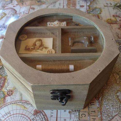 Gorgeous hand made Octagonal Vintage Wooden Sewing Case with glass display
