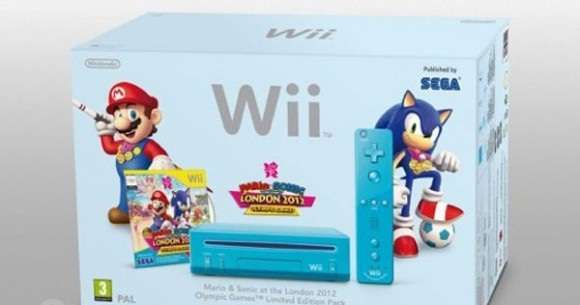 Nintendo blue Wii + Mario & Sonic 2012 Olympics game + Mario Kart + Wii wheel bundle