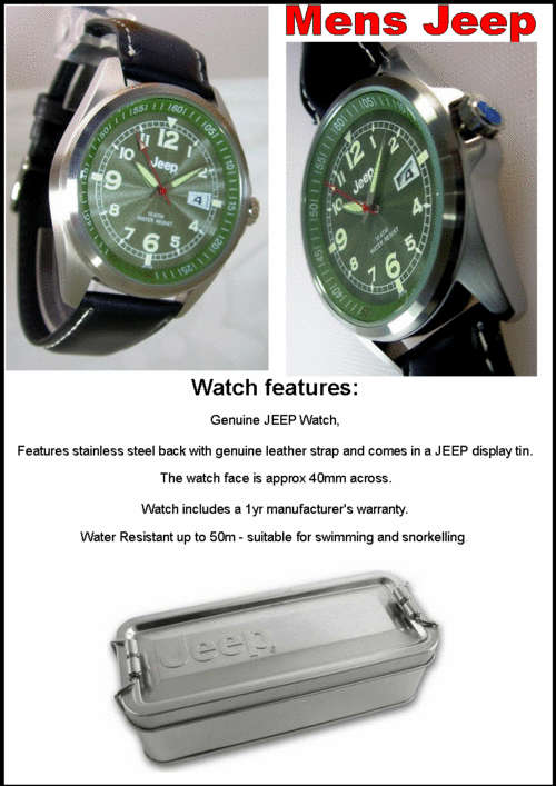 MENS JEEP WATCH 5 ATM CLASSIC LEATHER STRAP - Green Face RRP 1395