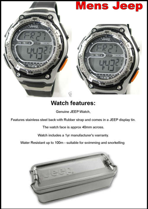 MENS JEEP WATCH 10 ATM DIGITAL SPORT RUBBER STRAP - BLACK Face RRP 1395